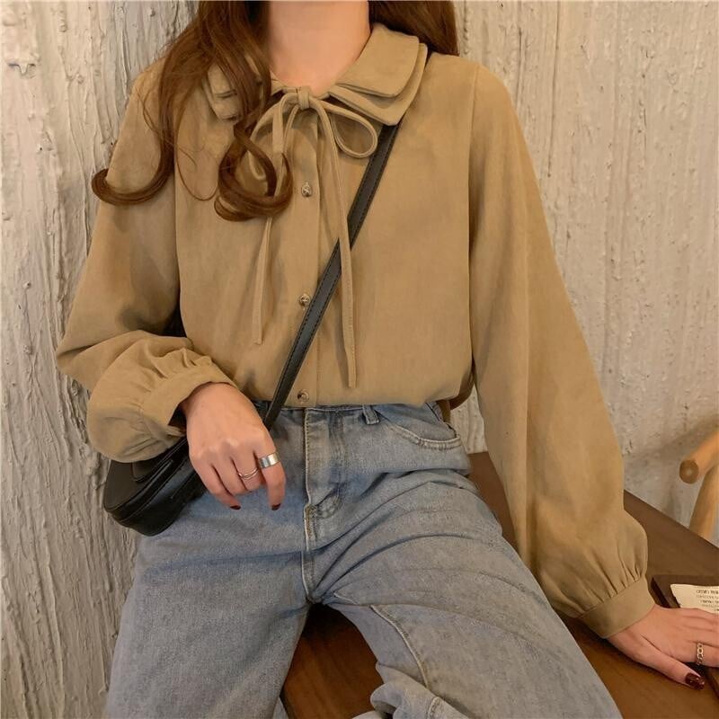  Lace Up Doll Collar Shirt Women`s Niche Design Spring Autumn Loose Plus Size Universal Long Sleeve Top