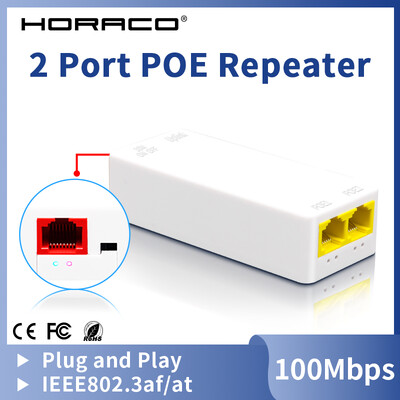 HORACO 2 portos POE átjátszó 10/100Mbps 1-2 PoE bővítő IEEE802.3af/at Plug&Play 48V PoE kapcsolóhoz NVR IP kamera AP