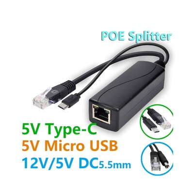 POE Ethernet tápfeszültség-elosztó 48V–5V MicroUSB Type C DC5.5x2.1 DC3.5x1.35 R9UA