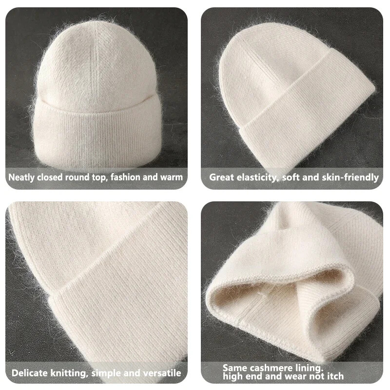 2024 Pălărie de iarnă din tricot angora, pentru femei, cu blană de iepure, tricotaje pufoase, bonete din Coreea de lux, pentru femei, moale, calde, skullies.