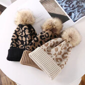 RICYGVM Print Leopard Beanies Moterims Žiemos Šiltos Vilnonės Megztos Skrybėlės Mados Moteriškos nertos Kapoto pliušinės rutulinės megztinės kepurės 모자
