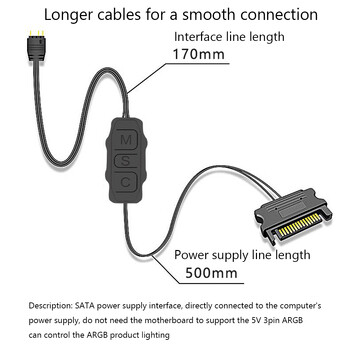 5V 3PIN ARGB контролер ARGB 5V 3PIN към SATA интерфейсен удължителен кабел RGB синхронизиращ кабел за контролер за вентилатор на компютърна кутия