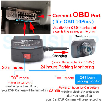 Dash Cam Видеокамера Автомобилен DVR 24 часа Кабел за зареждане на кола OBD Жичен кабел Mini Micro Type-C порт 5V 3A 3,5 метра с превключвател