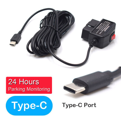 Dash Cam videokamera transportlīdzekļa DVR 24 stundu automašīnas uzlādes kabelis OBD aparatūras vads Mini Micro Type-C ports 5V 3A 3,5 metri ar slēdzi