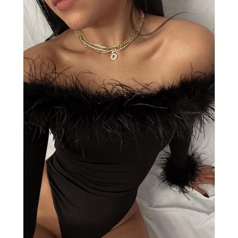 Σέξι Slim Fluffy One Shoulder Μακρυμάνικο Romper Hot Girl Ευρωπαϊκό και Αμερικάνικο σχέδιο Γυναικείο μακρυμάνικο μπλουζάκι