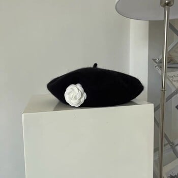 γυναικείο χειμωνιάτικο καπέλο 2023 Classic FlowerBlack Beret Γαλλικό μαλλί Casual Beret Καπέλο Γυναικείο Outdoor gorras para mujer