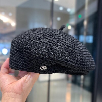 Beretă de paie din hârtie plisată pentru femei, tricot de mătase de vară, tricot, respirabil, pălărie de pictor de modă pentru artist mare