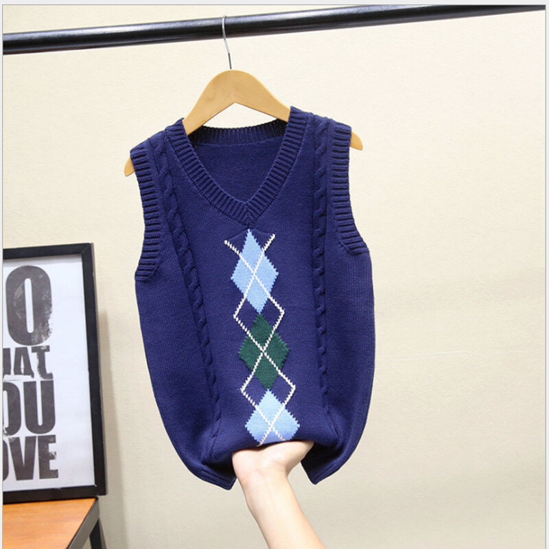 Детска памучна жилетка Ромб карирана модна памучна жилетка в стил британски колеж за момчета и момичета