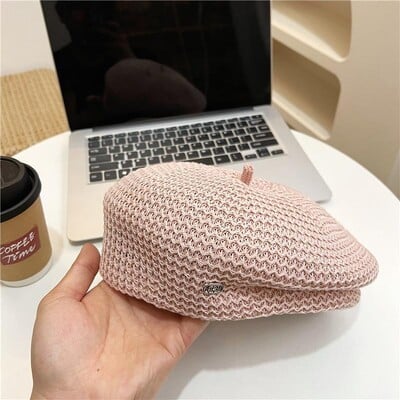 Beretă din paie, cu pliuri fixe, pentru femei, tricotată, respirabilă, pălărie de pictor pentru știri