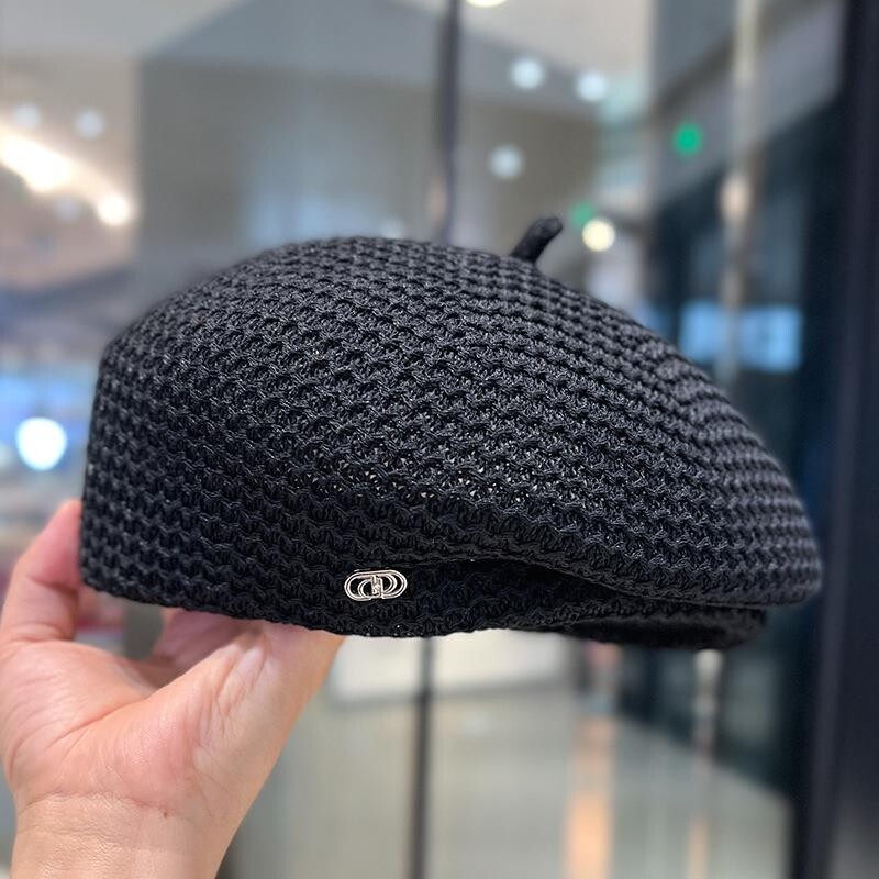 Beretă din paie, cu pliuri fixe, pentru femei, tricotată, respirabilă, pălărie de pictor pentru știri