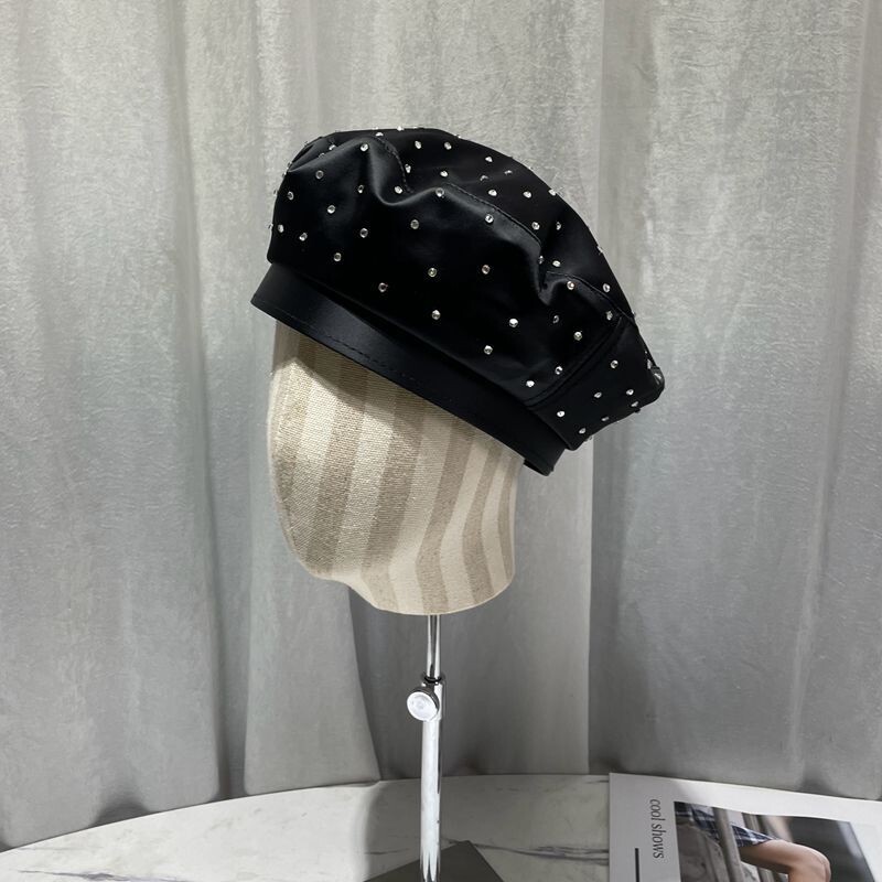 2023 Νέο καπέλο μπερέ από σατέν στρας Γυναικείο καπέλο μαύρο ζωγραφικό καπέλο άνοιξη και φθινόπωρο οκτάγωνα καπέλα Newsboy Gorras Casquette