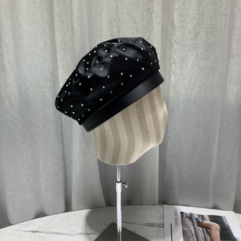 2023 Νέο καπέλο μπερέ από σατέν στρας Γυναικείο καπέλο μαύρο ζωγραφικό καπέλο άνοιξη και φθινόπωρο οκτάγωνα καπέλα Newsboy Gorras Casquette