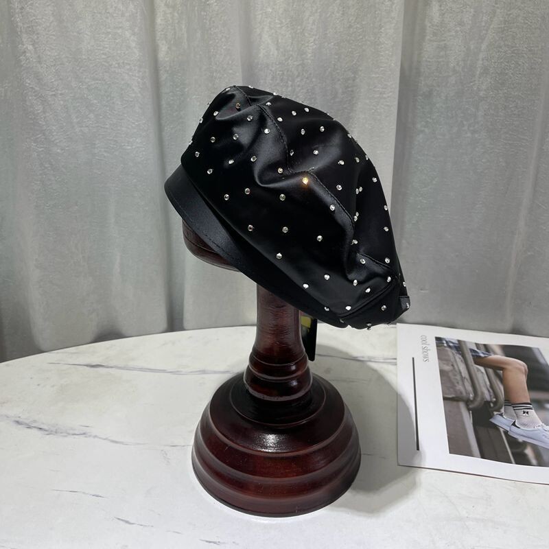 2023 Νέο καπέλο μπερέ από σατέν στρας Γυναικείο καπέλο μαύρο ζωγραφικό καπέλο άνοιξη και φθινόπωρο οκτάγωνα καπέλα Newsboy Gorras Casquette
