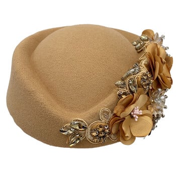 Vintage Felt Turban καπέλο για γυναίκες Church Derby Fascinator με λουλούδια Γυναικεία μαλακά καπέλα μπερέ για πάρτι καπέλο αεροσυνοδού