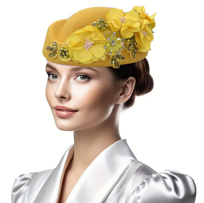 Vintage filc turbánsapka nőknek Church Derby Fascinator virággal női puha svájcisapka partikhoz légitársaság stewardess kalapja