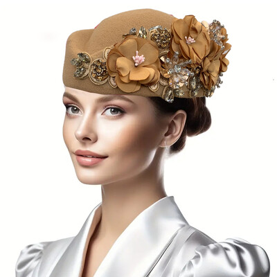 Vintage filc turbánsapka nőknek Church Derby Fascinator virággal női puha svájcisapka partikhoz légitársaság stewardess kalapja