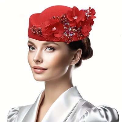 Vintage filc turbánsapka nőknek Church Derby Fascinator virággal női puha svájcisapka partikhoz légitársaság stewardess kalapja