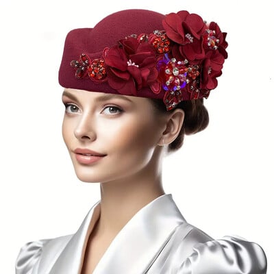 Vintage filc turbánsapka nőknek Church Derby Fascinator virággal női puha svájcisapka partikhoz légitársaság stewardess kalapja