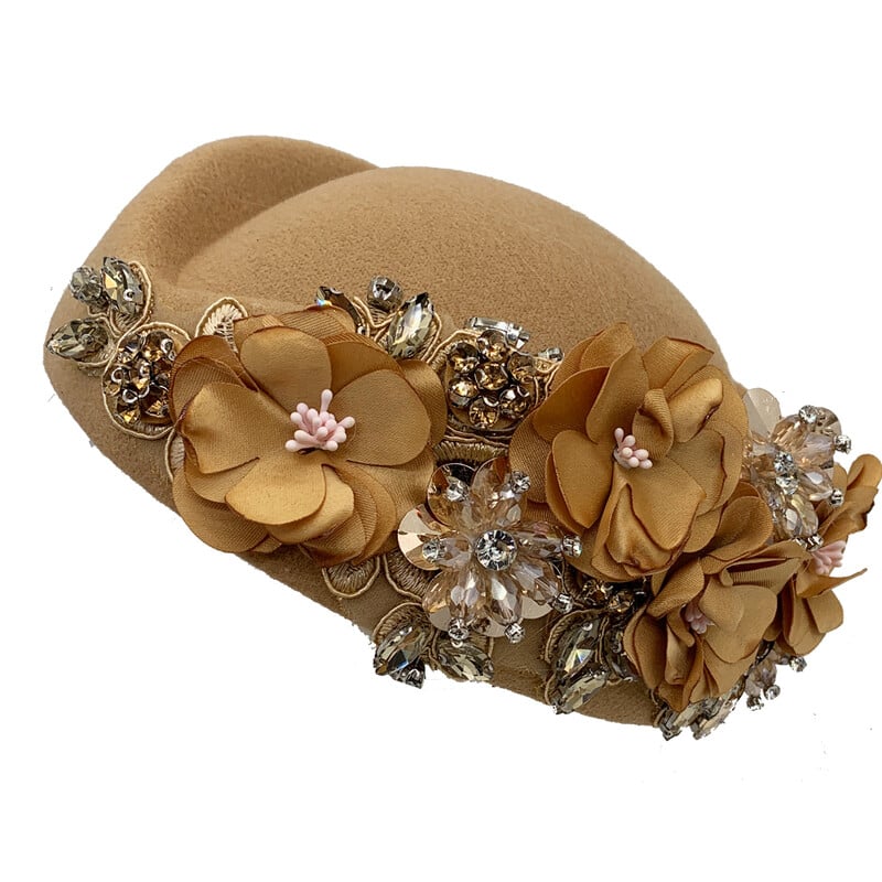 Vintage filc turbánsapka nőknek Church Derby Fascinator virággal női puha svájcisapka partikhoz légitársaság stewardess kalapja