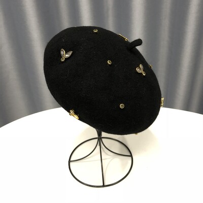 VISROVER téli gyapjú svájcisapka kristály méhecske női gyapjú sapkával téli őszi tavaszi sapka egyszínű csúcsminőségű Női Boina