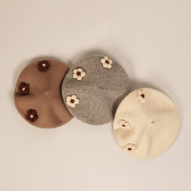 Pălărie pentru bebeluși cu flori mici tricotate la modă, lână, culoare uni, beretă pentru copii, pălării, fete retro, caldă, pictor, șapcă