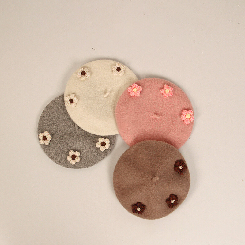 Pălărie pentru bebeluși cu flori mici tricotate la modă, lână, culoare uni, beretă pentru copii, pălării, fete retro, caldă, pictor, șapcă