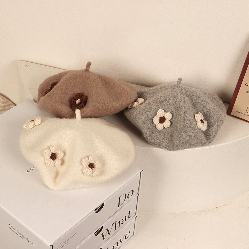 Pălărie pentru bebeluși cu flori mici tricotate la modă, lână, culoare uni, beretă pentru copii, pălării, fete retro, caldă, pictor, șapcă