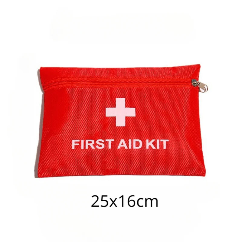 1 vnt. tuščias nešiojamas pirmosios pagalbos rinkinys, buitinės medicinos tabletės, tvarsčiai, laikymo krepšys, užtrauktukas, greitosios medicinos pagalbos rinkinys