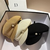 Ženski modni biserni šešir nepravilnog oblika, pletena beretka, prozračna, tanka osmerokutna kapa