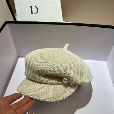 Ženski modni biserni šešir nepravilnog oblika, pletena beretka, prozračna, tanka osmerokutna kapa