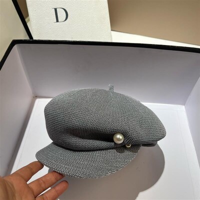 Ženski modni biserni šešir nepravilnog oblika, pletena beretka, prozračna, tanka osmerokutna kapa