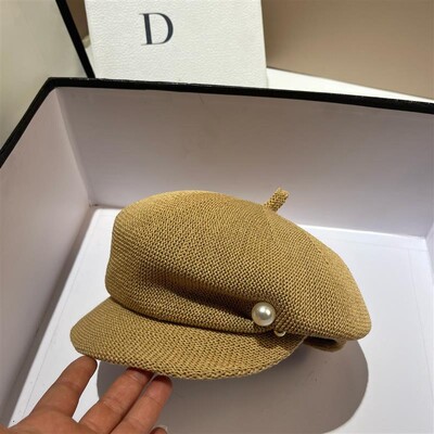 Ženski modni biserni šešir nepravilnog oblika, pletena beretka, prozračna, tanka osmerokutna kapa