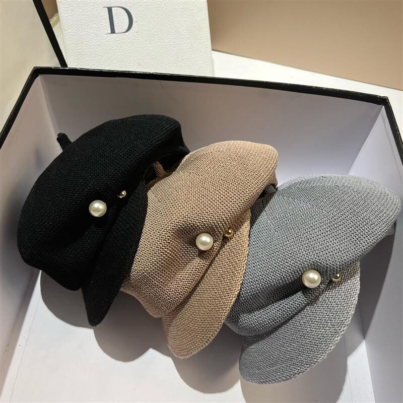 Ženski modni biserni šešir nepravilnog oblika, pletena beretka, prozračna, tanka osmerokutna kapa