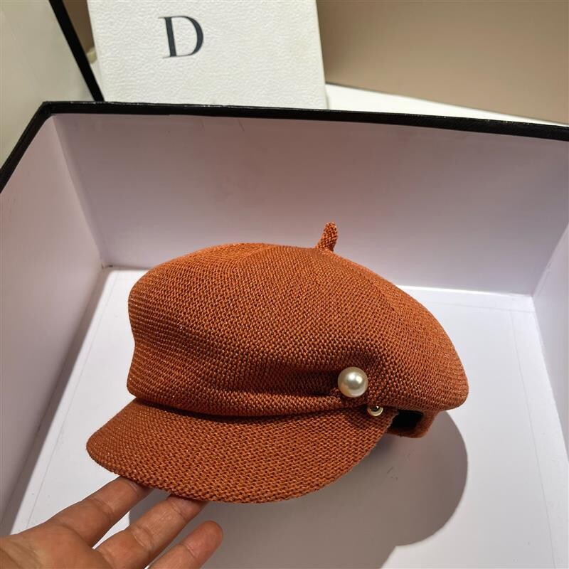 Ženski modni biserni šešir nepravilnog oblika, pletena beretka, prozračna, tanka osmerokutna kapa