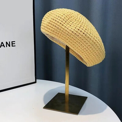 Moteriška rankų darbo nerta berečių kepurė Vienspalvė tuščiavidurė, miela gėlių pynimo moteriška laisvalaikio vintažinė apleista tapytojo kepurė