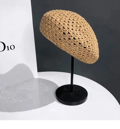 Moteriška rankų darbo nerta berečių kepurė Vienspalvė tuščiavidurė, miela gėlių pynimo moteriška laisvalaikio vintažinė apleista tapytojo kepurė