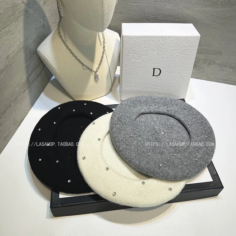 Berete groase din lână cu stras de lux 2024, beretă de artist din Coreea franceză, pălărie de pictor pentru femei, șapcă caldă de mers pentru femei