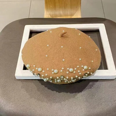 Kapa s beretkom od bisernih kristala za odrasle/djecu za žene Kapa od kašmira Zimska retro francuska crna crvena umjetnička ravna crvena ženska vintage kapa