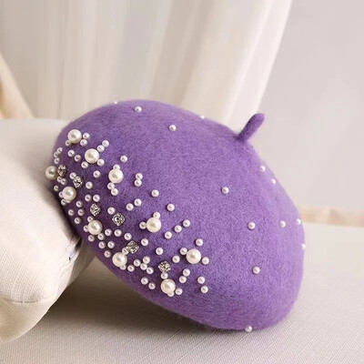 Kapa s beretkom od bisernih kristala za odrasle/djecu za žene Kapa od kašmira Zimska retro francuska crna crvena umjetnička ravna crvena ženska vintage kapa