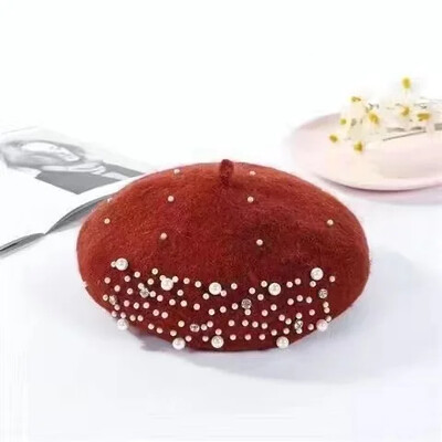 Kapa s beretkom od bisernih kristala za odrasle/djecu za žene Kapa od kašmira Zimska retro francuska crna crvena umjetnička ravna crvena ženska vintage kapa