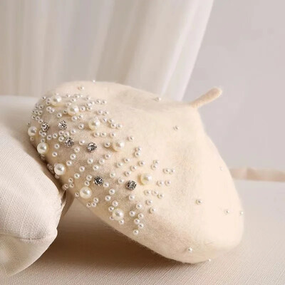 Kapa s beretkom od bisernih kristala za odrasle/djecu za žene Kapa od kašmira Zimska retro francuska crna crvena umjetnička ravna crvena ženska vintage kapa