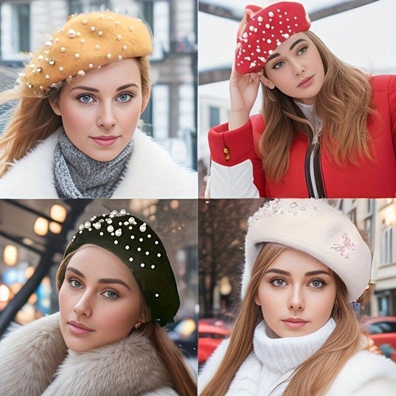 Kapa s beretkom od bisernih kristala za odrasle/djecu za žene Kapa od kašmira Zimska retro francuska crna crvena umjetnička ravna crvena ženska vintage kapa