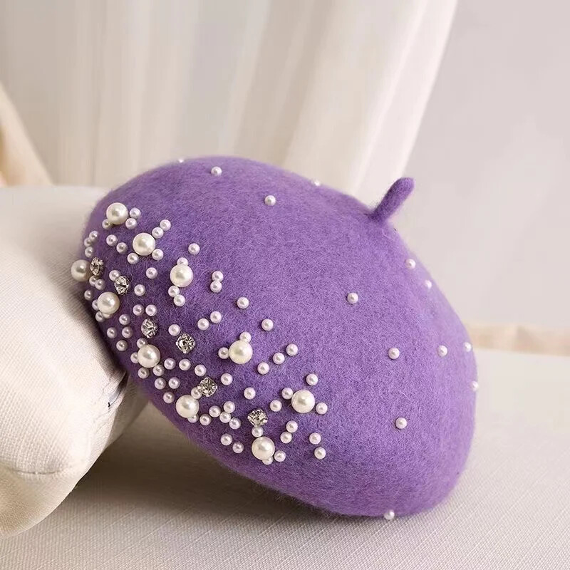 Kapa s beretkom od bisernih kristala za odrasle/djecu za žene Kapa od kašmira Zimska retro francuska crna crvena umjetnička ravna crvena ženska vintage kapa