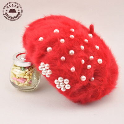 Boina Feminina női svájcisapka Gyöngysapka Nyúlszőr Kötött Női beretek Téli meleg női kalapok