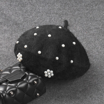 Boina Feminina női svájcisapka Gyöngysapka Nyúlszőr Kötött Női beretek Téli meleg női kalapok