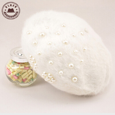 Boina Feminina női svájcisapka Gyöngysapka Nyúlszőr Kötött Női beretek Téli meleg női kalapok