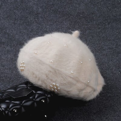 Boina Feminina női svájcisapka Gyöngysapka Nyúlszőr Kötött Női beretek Téli meleg női kalapok