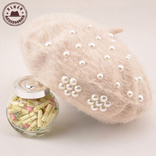 Boina Feminina női svájcisapka Gyöngysapka Nyúlszőr Kötött Női beretek Téli meleg női kalapok