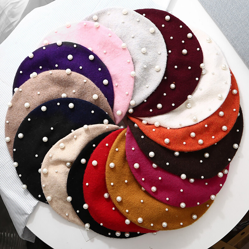 Elegantne vunene biserne perle Beretke za žene Tople zimske kape Skullies Beanies Vintage ženske ravne kape od kašmira Jednobojne kape