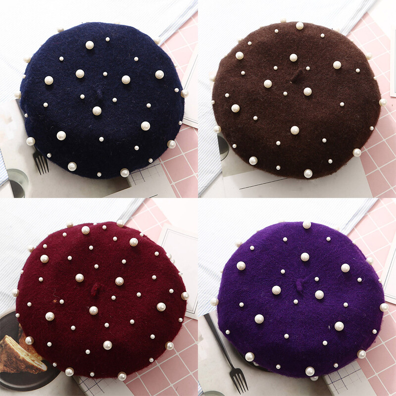 Elegantne vunene biserne perle Beretke za žene Tople zimske kape Skullies Beanies Vintage ženske ravne kape od kašmira Jednobojne kape